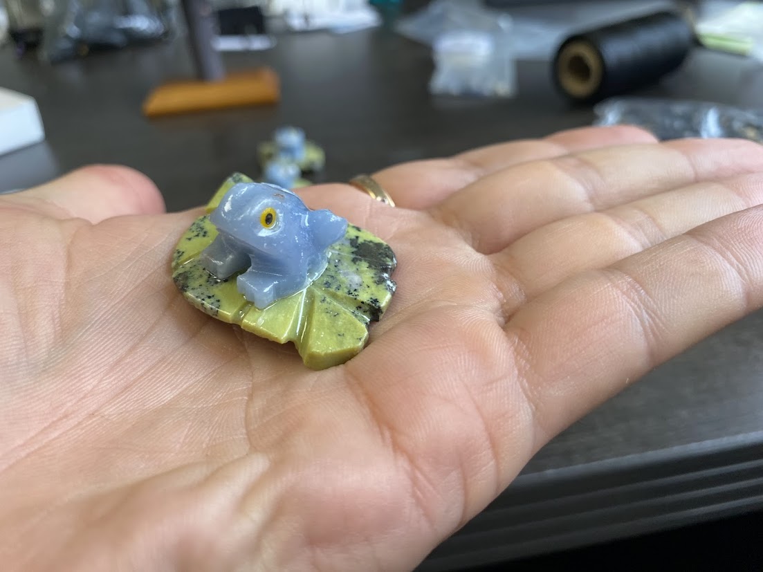 Angelite & Serpentine Frog on Lilypad Carvings